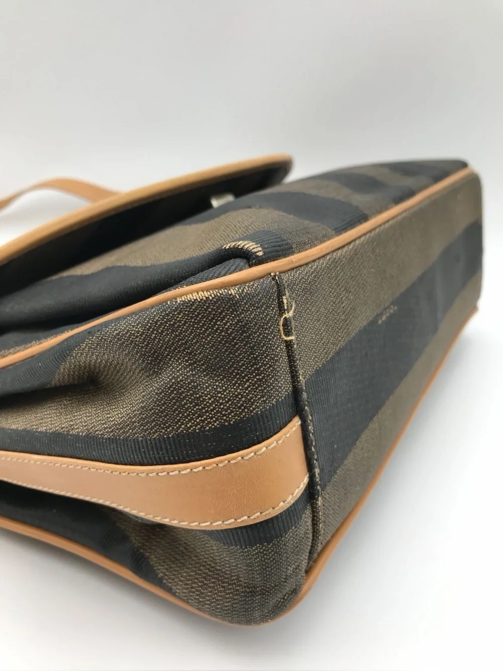 Fendi Pequin Stripe Crossbody Bag Vintage Brown Black Canvas Leather Flap Purse - Picture 3 of 14